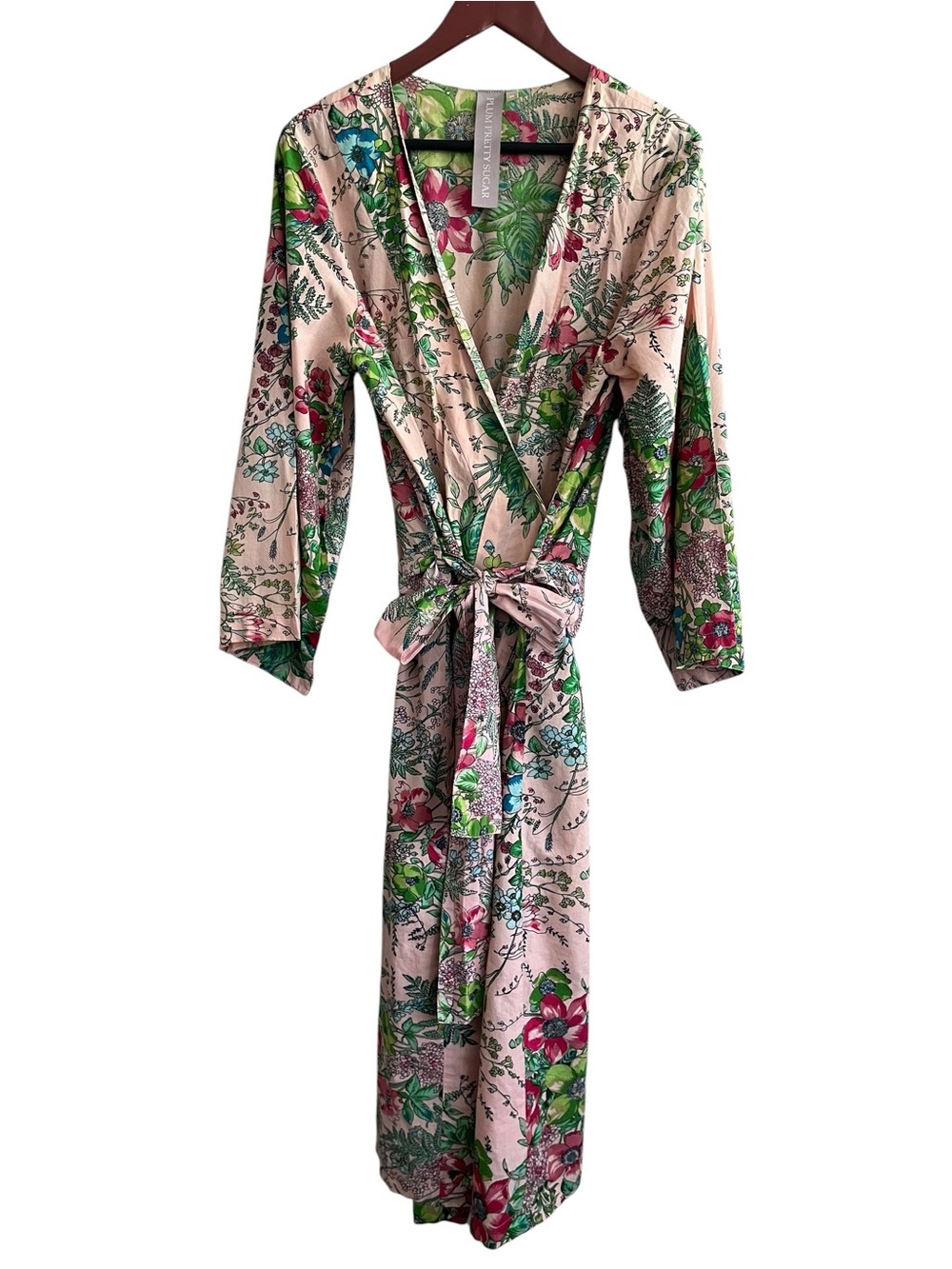 😎 Plum Pretty Sugar Botanical Floral Cotton Wrap Robe Pink Green Size Medium - Picture 2 of 13